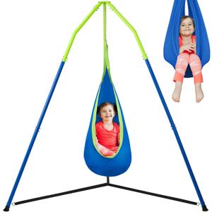 FUNLIO 2-in-1 Sensory Swing with Stand, Triangular Frame Swing Set with Sensory Swing & Pod Swing, Heavy Duty Steel Swing Stand for Kids, 240 lbs Capacity, Indoor & Outdoor, Height Adjustable Design