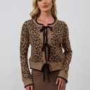 Ythomm Women Leopard Print Bow Tie Cardigan Sweaters Long Sleeve Crewneck Open Front Knit Cardigan Coats Casual Loose Outwear Brown (Brown, L)