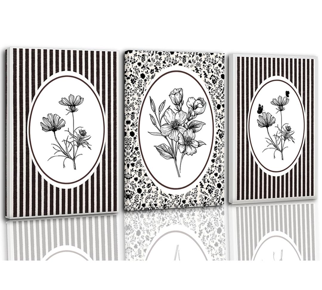 3 Pcs Vintage Floral Canvas Wall Art Bathroom Wall Painting Black And White Stripe Cottage Wildflower Poster Print Rustic Farmhouse Wall Decor for Bedroom Bathroom Living Room Office Kitchen