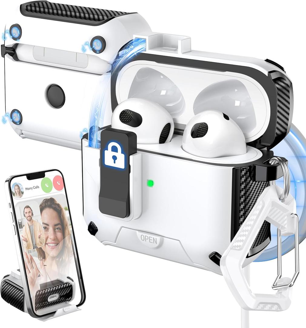 for AirPods 3rd Generation Case Cover, Compatible with Magsafe, Magnetic Automatic Lock, Charging Port Dust-Proof & Stand Design with Cleaning Kit, Black/White