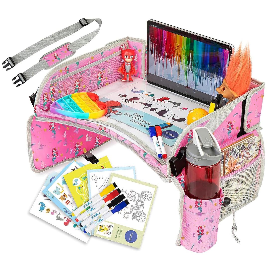 PILLANI Kids Travel Tray for Car - Car Seat Tray for Kids, Road Trip Essentials & Must Haves, Carseat Table Roadtrip Activities - Toddler Lap Desk Organizer for Airplane (Mermaid)