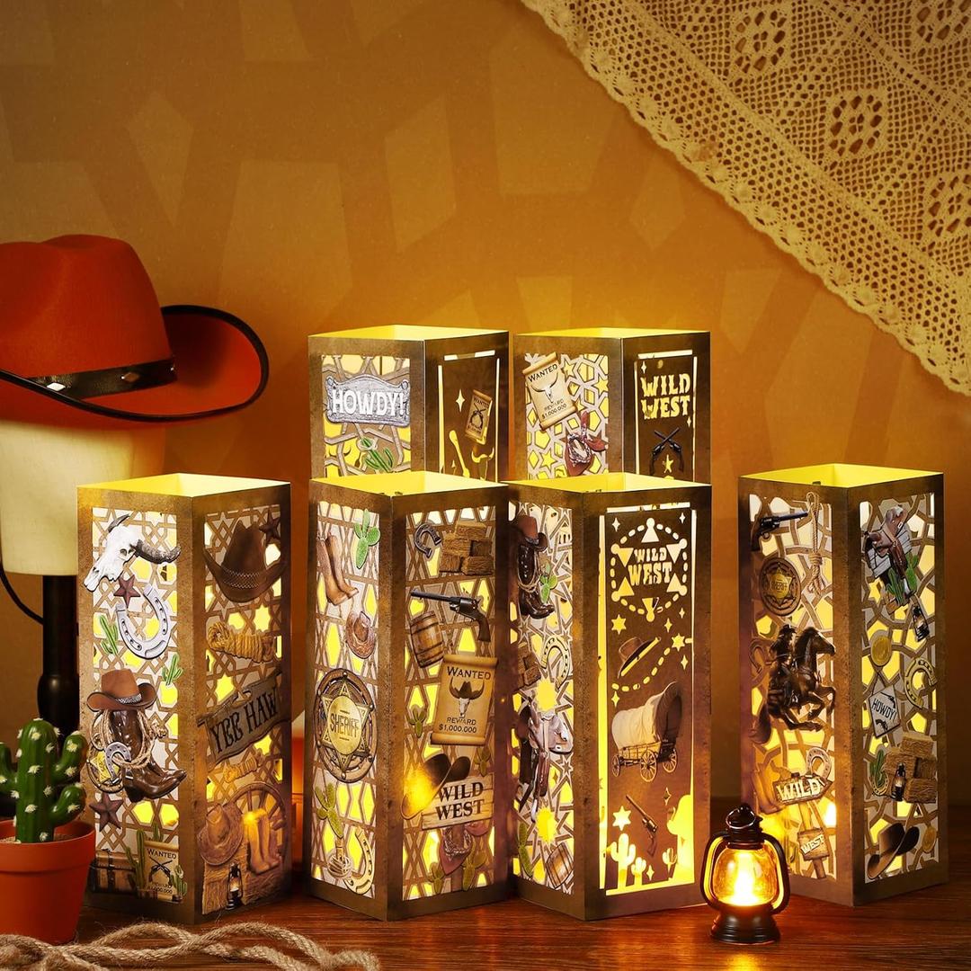6 Pcs Western Centerpieces for Tables Wild West Cowboy Party Lantern Decorations Western Cowboy Centerpieces with LED Light for Rodeo Party Decorations Birthday Baby Shower, 11.8 x 4.2