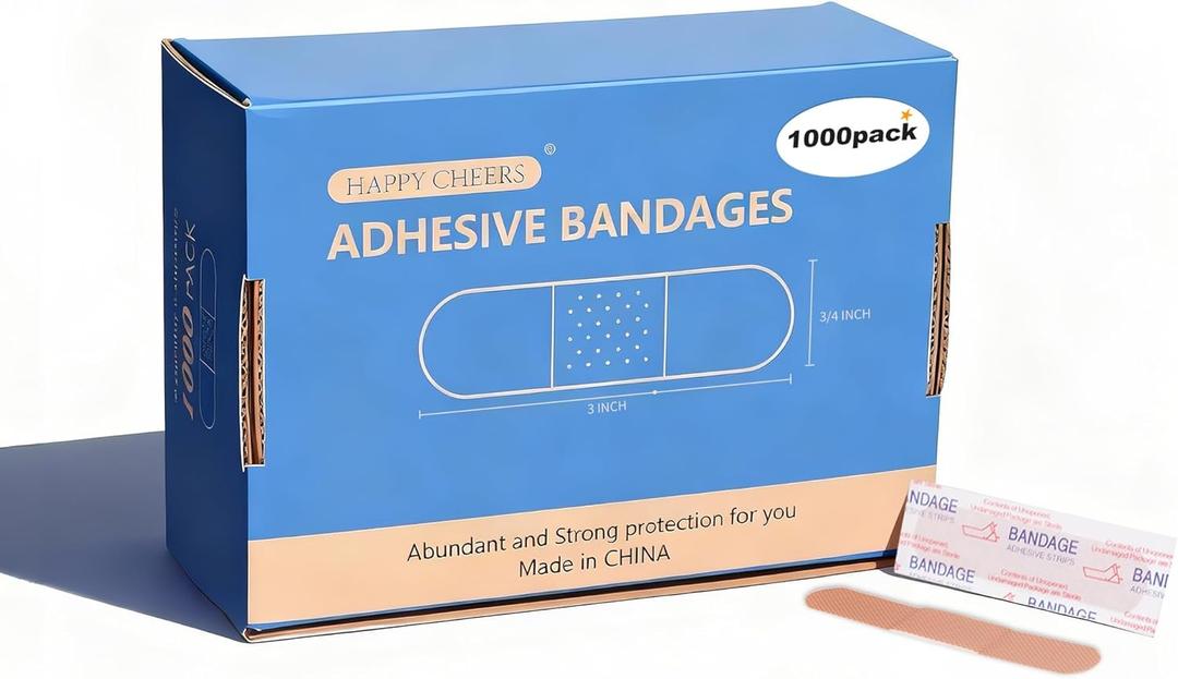 Adhesive Bandages 3/4" x 3" inch,1000 Count Bulk Plastic PE Strip Bandage, Waterproof, NonStick Pad, Breathable Small Wound Bandages for First Aid Kit Refill, Classroom, Office, Workplace