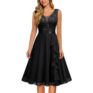 MISSMAY Women's Vintage V-Neck Sequin Formal Party A-Line Dress L