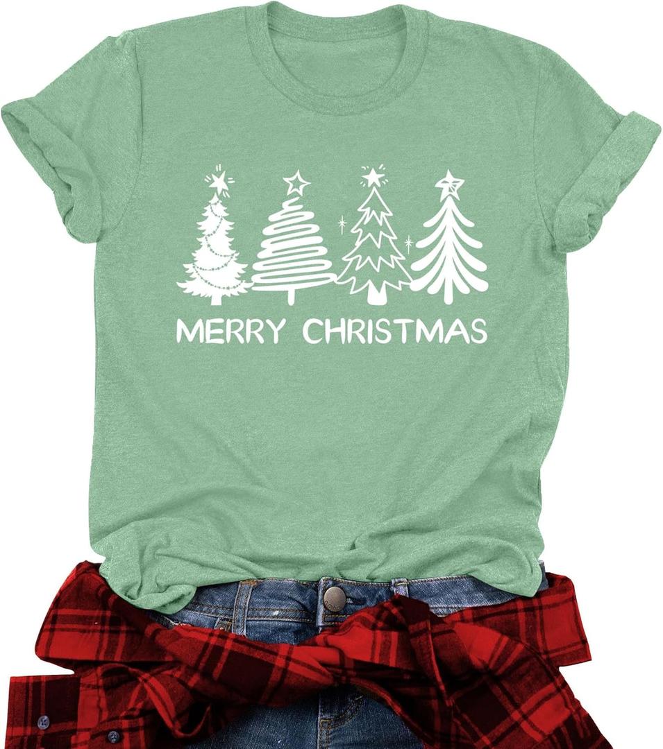 Christmas Shirts for Women: Merry Christmas Tree Graphic Tshirt Xmas Vacation Short Sleeve Tee Tops (Small, Lightgreen)