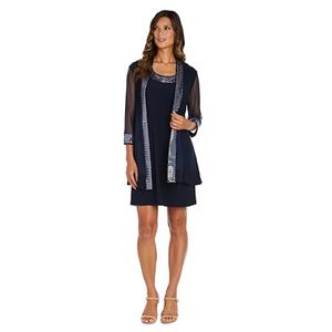 R&M Richards Women's 2-Piece Sheer Jacket Dress Set - Beaded Trim & 3/4 Sleeves - Cocktail, Party & Formal Occasions Navy 22W