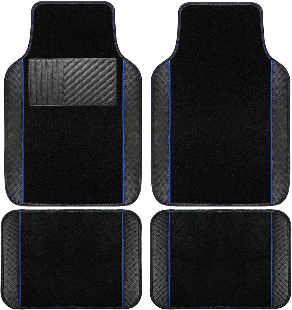 NBTEPEM Waterproof Universal Fit Car Floor Mats, Faux Leather Sporty Car Carpet Mats with Anti-Slip Nibbs Backing & Driver Heel Pad Fit for SUV, Vans, Sedans, Trucks, Set of 4 (Black with Blue line)