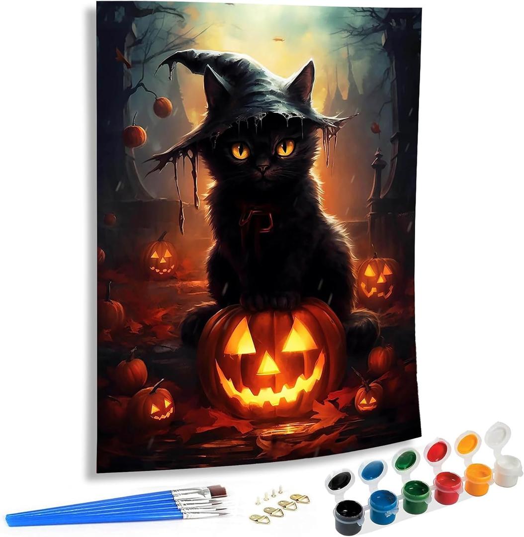 SKRYUIE Paint by Numbers Kit for Adults Halloween, Acrylic Cat Oil Painting by Numbers with Paint Kits Brushes Art Crafts Canvas Beginner for Home Decor 16x20 inch / 40x50 cm