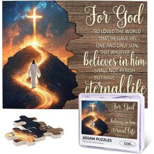 Christian Jigsaw Puzzles 500 Pieces for Adults, John 3:16 with Jesus' Path to Glowing Cross Under Stars, Uplifting Bible Verse Wooden Puzzle, Faith-Based Gift