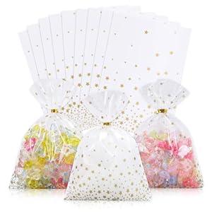 Docvania Cello Cellophane Treat Gift Bags Star Pattern Cookie Bags 100 pcs 5 X 7 Goodie Bag with Ties for Mother's Day, Valentine's Day and Parties, Weddings