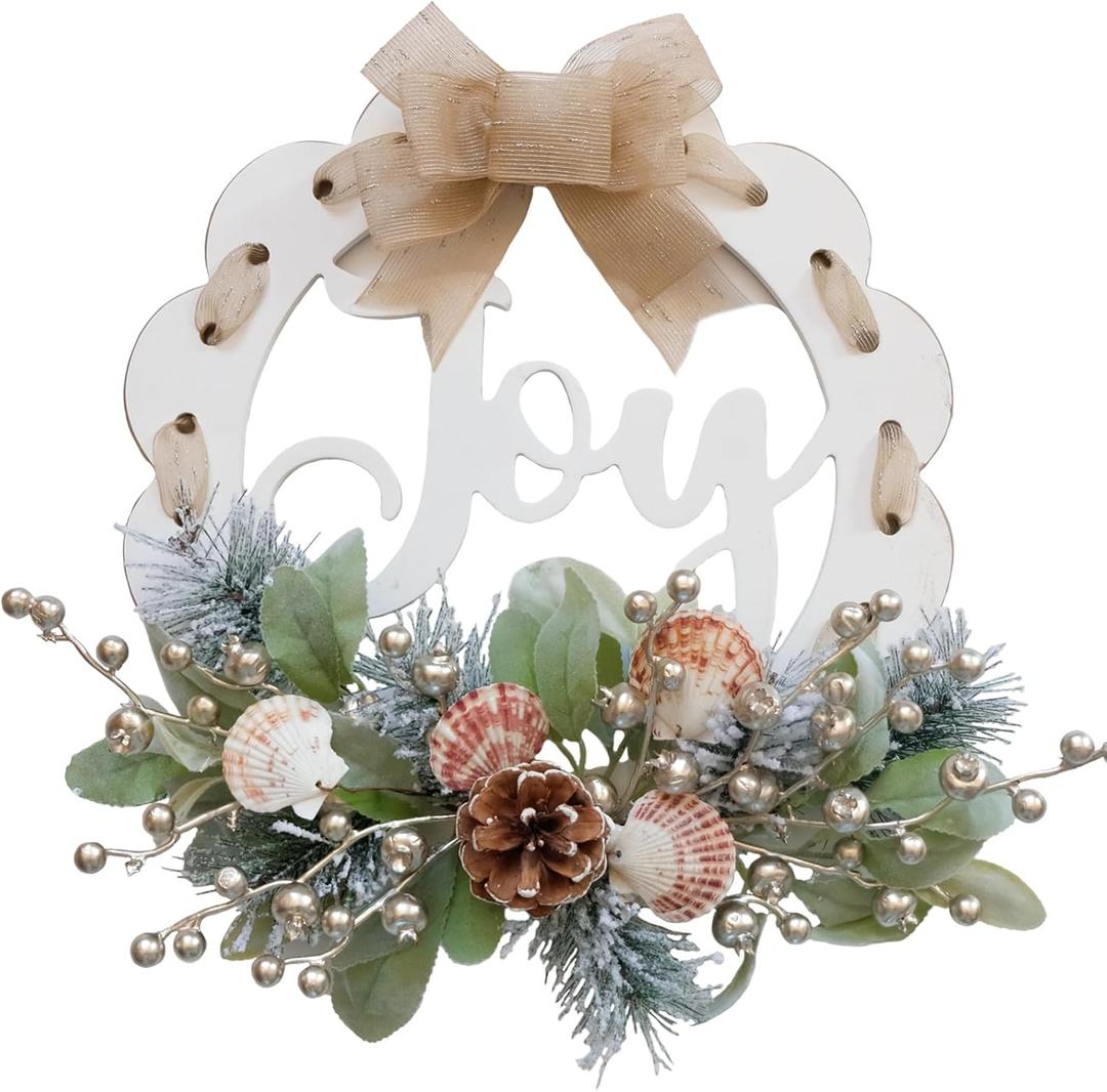 idyllic 16 Inch White Wooden Welcome Wreath for Front Door- Handicraft Frame with Pine Needles Berries Shells Bow Christmas Wreath with Joy Sign Ideal Winter & Spring Decoration for Indoor & Outdoor