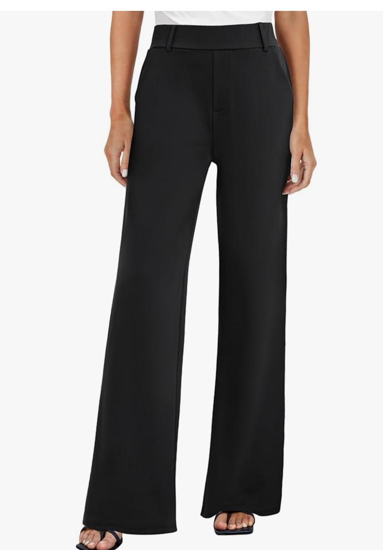 2 Pair Women's Wide Leg Dress Pants High Waisted Stretchy Work Trousers Business Casual Office Pull on Slacks with Pockets Black Medium
