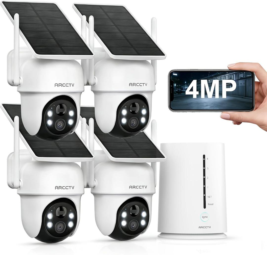 Security Cameras Wireless Outdoor, No Monthly Fee Solar Camera Outdoor Wireless, 4-Camera 2K Home Security Camera System with Base Station, Local Storage, PIR Motion Detection, Color Night Vision