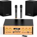 Bluetooth Audio Amplifier, UHF Wireless Microphone System with 2.1 Channel HiFi External Speaker with USB/TF/FM/TWS, Treble and Bass Adjustment for Party, Home KTV, Conference, Church