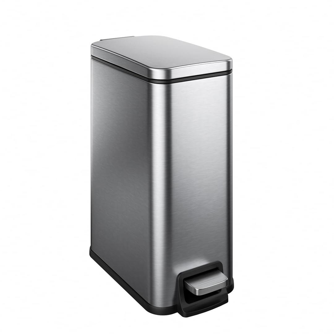 Slim Bathroom Trash Can with Lid Soft Close, 1.6 Gallon Stainless Steel Garbage Can with Removable Inner Bucket, Durable Step Pedal, Small Trash Bins for Toilet, Bedroom, Kitchen, Office