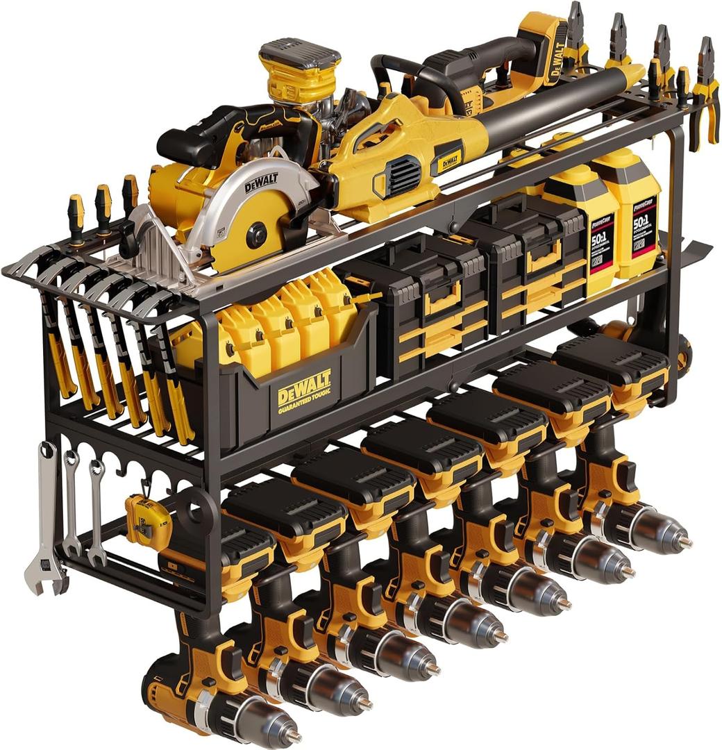 26''W Power Tool Organizer Wall Mount | 200lbs Garage Storage Rack with 7 Cordless Drill Holder | 3-Tier Heavy Duty Utility Shelf for Battery Workshop Organization