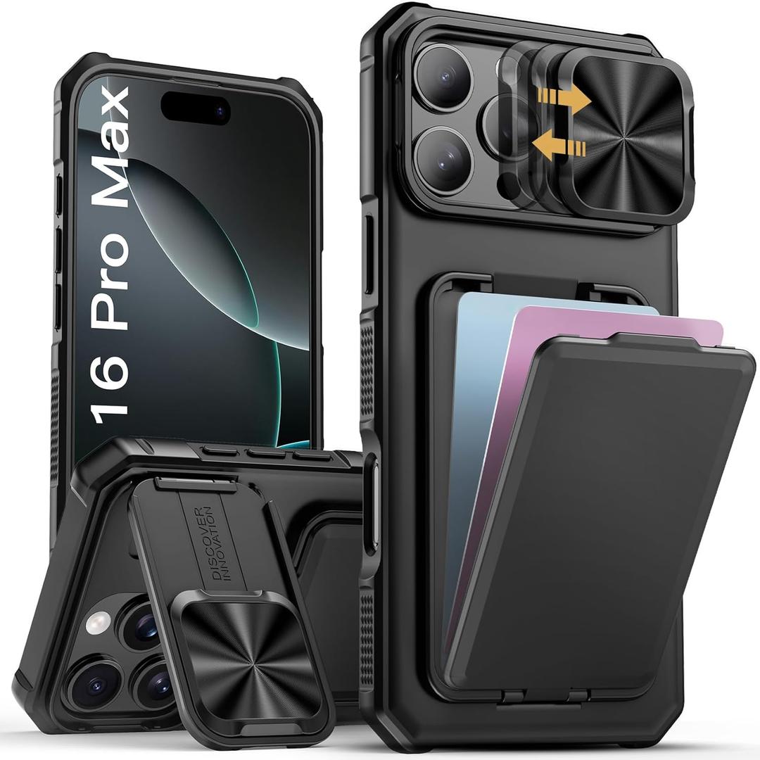 SSLOTSCASE for iPhone 16 Pro Max Case with Card Holder & Kickstand & Slide Camera Lens Cover, Silicone Edge Protection Rugged Heavy Duty Phone Case Cover for iPhone 16 Pro Max 6.9'' 2024, Black