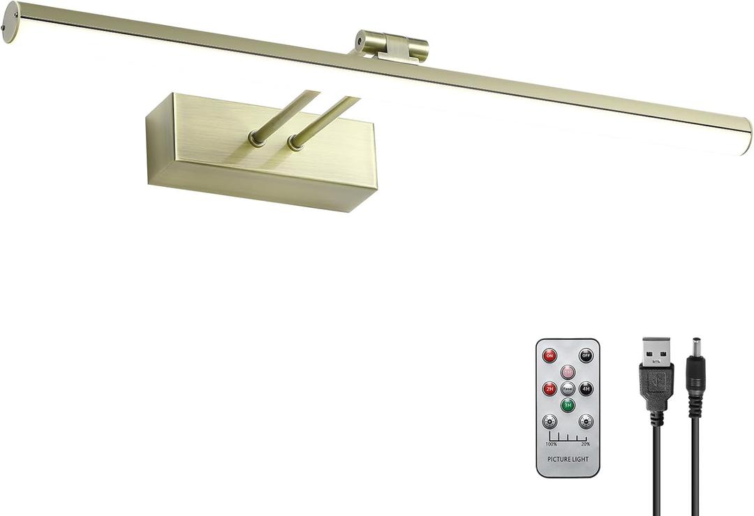 HOWMZON Picture Light, Battery Operated Picture Light with Remote, 16" Metal Art Light for Paintings, Rechargeable Display Lighting of Wall, Portrait, Gallery, Artwork (Antique Brass)