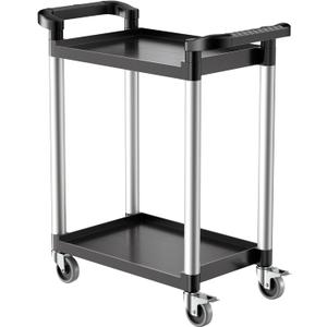 VEVOR Utility Cart, 300 lbs Load Capacity, 2-Tier Utility Plastic Cart with 360 Swivel Wheels (2 with Brakes), 24.4 x 16.1-inch Food Service Cart for Warehouse, Office, Home, Restaurant, Kitchen