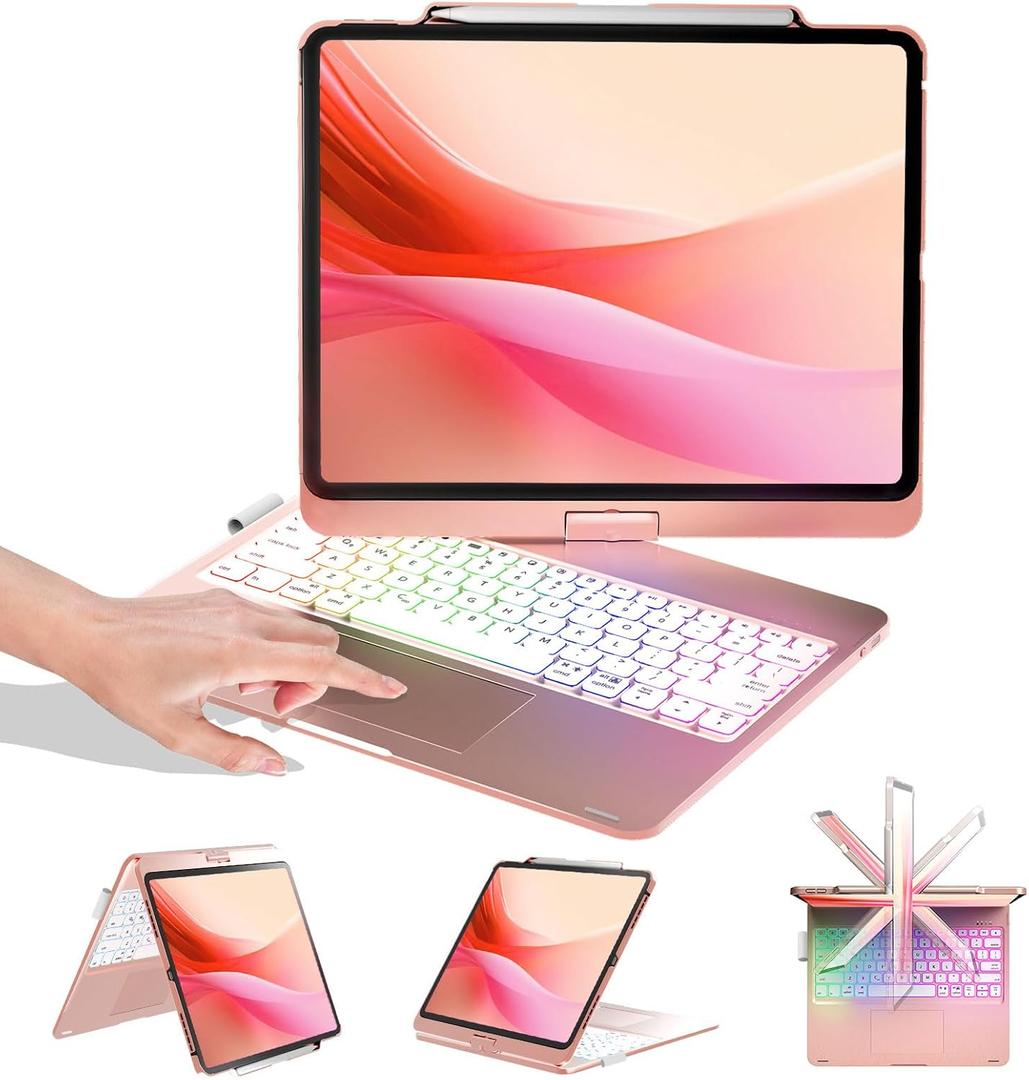BABG Keyboard Case for iPad Air 13 inch(M3/M2)&iPad Pro 13(M5/M4),iPad Pro 12.9(6th/5th /4th/3rd Gen) Case with Keyboard,360 Rotatable,Toupad,Backlits,Pencil Charging-Rose Gold