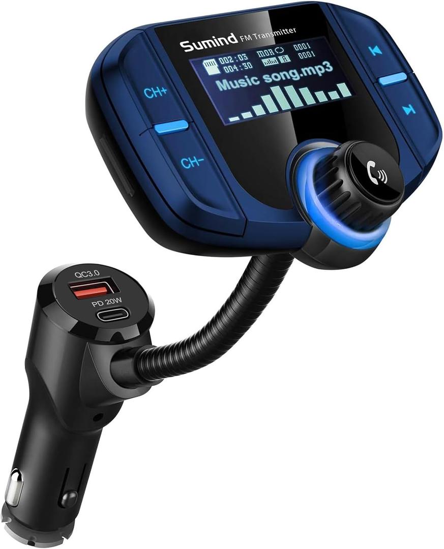 Sumind 2026 Upgraded Wireless Bluetooth Car Adapter FM Transmitter, 1.7'' LCD Display, Flexible Gooseneck, 20W QC3.0&Dual USB Ports, AUX Input/Output for Hands-Free Call, Micro/TF Card(Blue,PD)