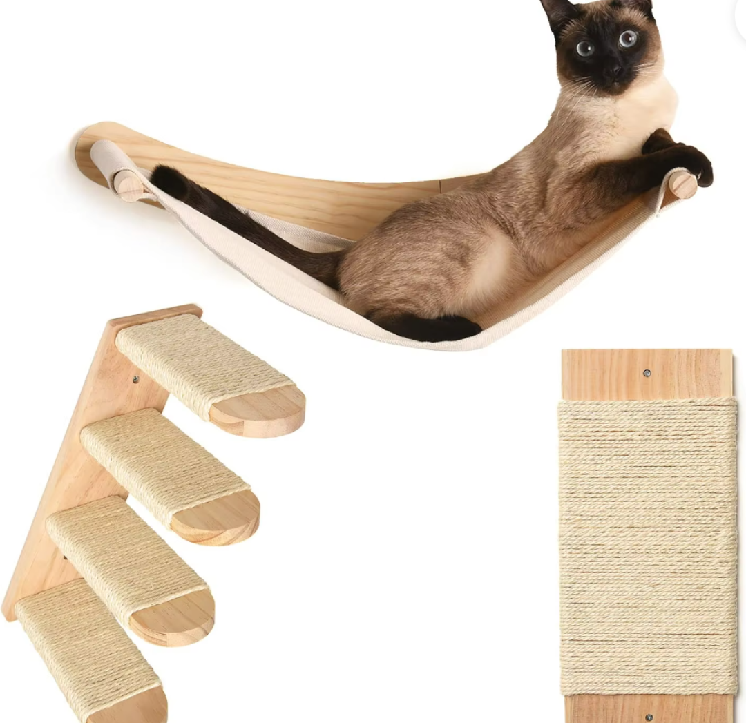 Chasing Tails Cat Wall Shelves - Four Step Cat Shelf with Scratch Board, Mounted Cat Shelves, Sturdy Cat Wall Furniture for Indoor Cats, Kittens - Extra Cat Wall Hammock Cover Included