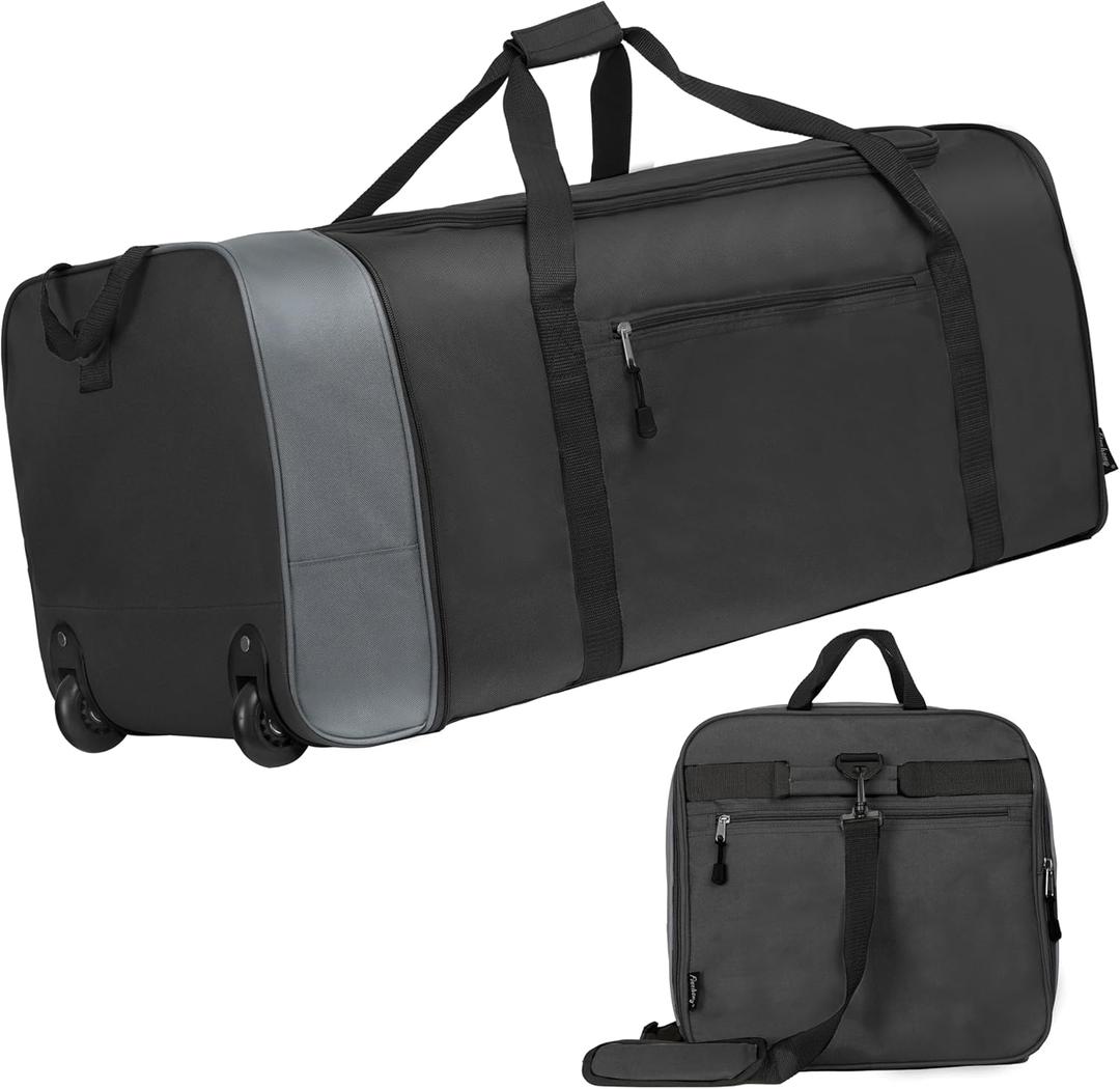 Finnhomy 100L Foldable Rolling Duffel Bag with 2 Wheels, Light Weight Travel Duffel bag with Large Loading Capacity, 32 inch Rolling Duffel bag with Shoulder Strap for Travel Camping Sports (BLACK/ GREY)