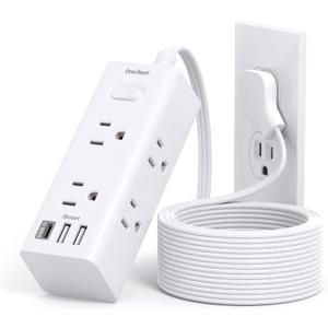 One Beat 10Ft Extension Cord with Multiple Outlets,Flat Plug Power Strip Surge Protector with 10 Ft Long Cord,6 Outlet 3 USB Ports (1USB C),Multi Outlet Wall Plug for Travel,College,Dorm Essentials (White)