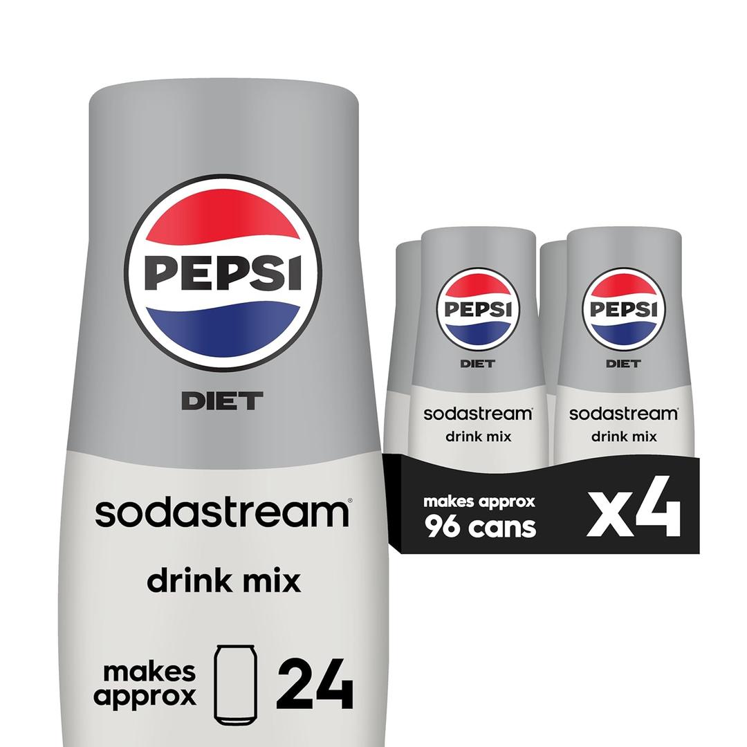SodaStream - Diet Pepsi Beverage Mix Diet Flavor for SodaStream Turns 9.5 Gallons of Sparkling Water into Diet Pepsi Light, Crisp and Refreshing with Zero Calories 14.9 Fl Oz, Pack of 4, BB 05/27/26