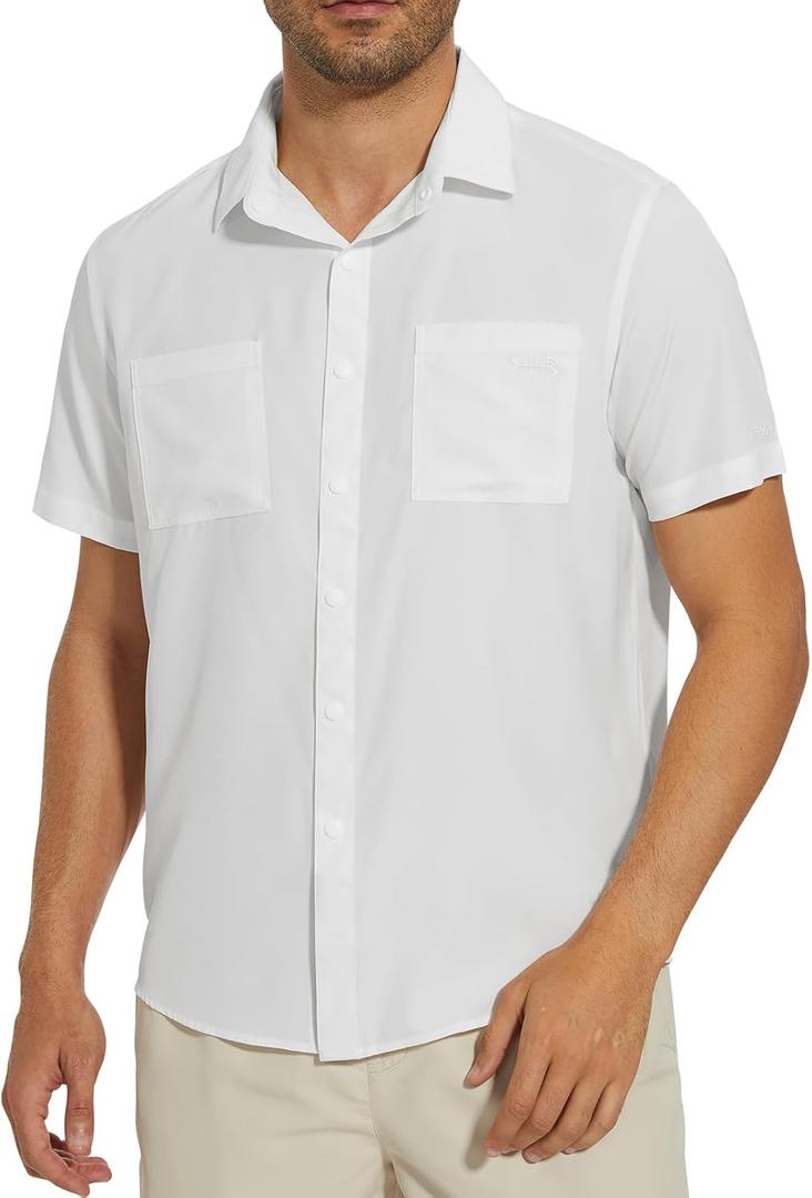 BASSDASH Men's UPF 50+ Short Sleeve Snap Button Down Shirt Regular Fit Woven Two Pockets Casual Dress Shirts (Large, White)
