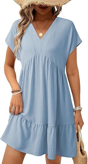 Acelitt Summer Babydoll Dress for Women 2026 Short Sleeve Sundresses, Flowy A Line, Casual Spring Summer Outfits for Beach Vacation, Western, Country Concert, Cowlgirl, Large
