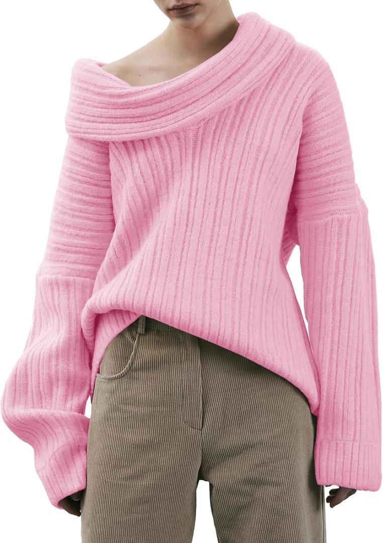 Saodimallsu Womens Off The Shoulder Sweater Top Oversized Fall Batwing Boat Neck Knit Sexy Casual Pullover (Pink)