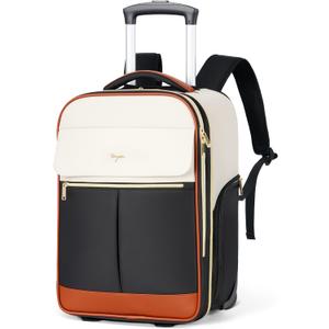 Rolling Backpack for Women, Large Travel Backpack with Wheels Carry on Flight Approved, 15.6 Inch Laptop Wheeled Roller Bag Suitcase for Work Bussiness Weekender (Beige,M Underseat Size)