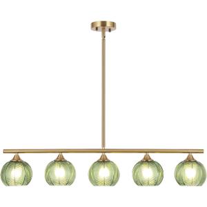 Modern Brushed Brass Linear Chandelier Green Striped Glass Shade 5-Lights Gold Mid Century Sputnik Globe Pendant Light Farmhouse Ceiling Hanging Light Fixture Dining Room Kitchen Island
