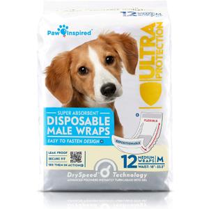 Paw Inspired Disposable Male Dog Wraps, Belly Band for Dogs | Disposable Dog Diapers | Belly Bands for Male Dogs (12 Count, Medium)