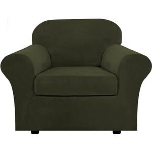 H.VERSAILTEX Rich Velvet Stretch 2 Piece Cover Chair Slipcover Sofa Cover Furniture Protector Couch Soft with Elastic Bottom Chair Couch Cover Width Up to 49 Inch (Chair, Olive)