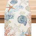 Bonhause Nautical Coastal Table Runner 13x90 Inch Ocean Themed Starfish Coral Conch Beach Kitchen Dinning Table Decoration for Indoor Outdoor Home Party Decor