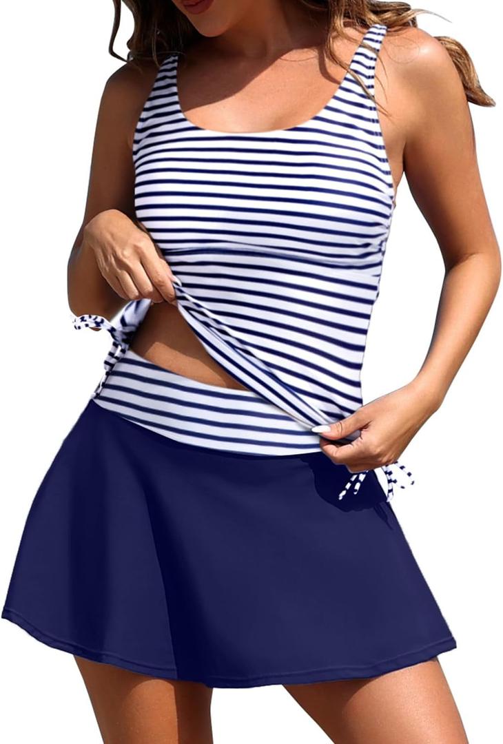Daci Tankini Bathing Suits with Skirt - Women 2 Piece Swimsuits Tummy Control Swimwear (Small, Blue Stripe)