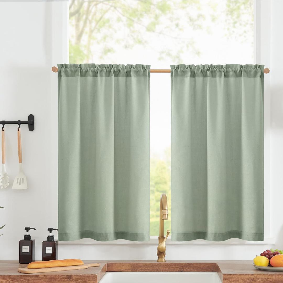 jinchan Linen Textured Tier Curtains 36 Inch for Kitchen Windows Farmhouse Cafe Curtains Small Drapes Rustic Light Filtering Half Window for Living Room Laundry Rod Pocket 2 Panels Green