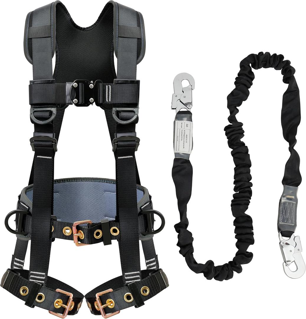 Fall Protection Safety Harnesses Full Body Roofing Construction Harness 5 Point Adjustment Harness Padded Black OSHA/ANSI COMPLIANT