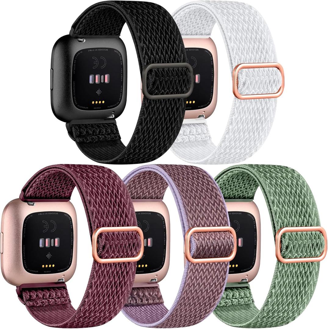 DaQin Elastic Sport Nylon Band Compatible with Fitbit Versa 2 Watch Bands Women Men, 5 Pack Adjustable Stretchy Solo Loop Wristband for Versa/Versa Lite/SE/Fitbit Versa 2 Bands Women of Smartwatch