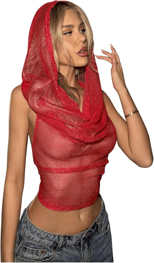 Floerns Rave Outfits for Women Sexy Backless Hoodie Draped Halter Tank Top Going Out Concert Festival Party Streetwear (Small, Red Mesh)