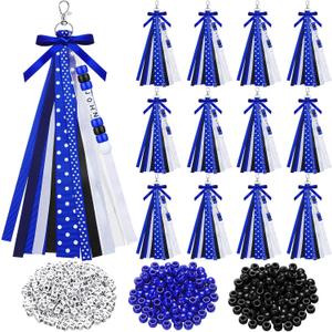 Nosiny 12 Pcs Cheer Keychains Cheerleader Gifts for Team Personalized DIY Bead Ribbon Keychain Kit Cheer Bag Tags for Women (Blue, Black)