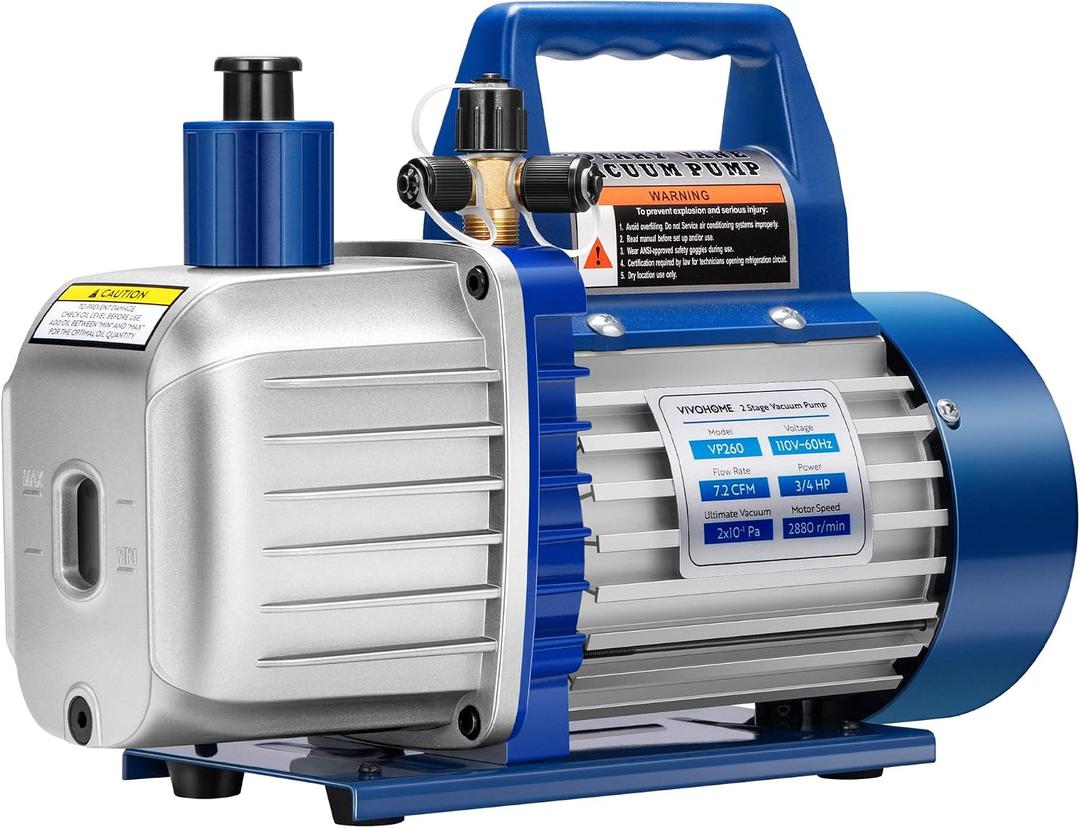 VIVOHOME 3/4 HP 7.2 CFM 110V Dual Stage HVAC Vacuum Pump for R134a R12 R22 R502 R410a Systems, Auto AC Vacuum Pump for Air Conditioner Servicing Resin Degassing with 2 Oil Bottles