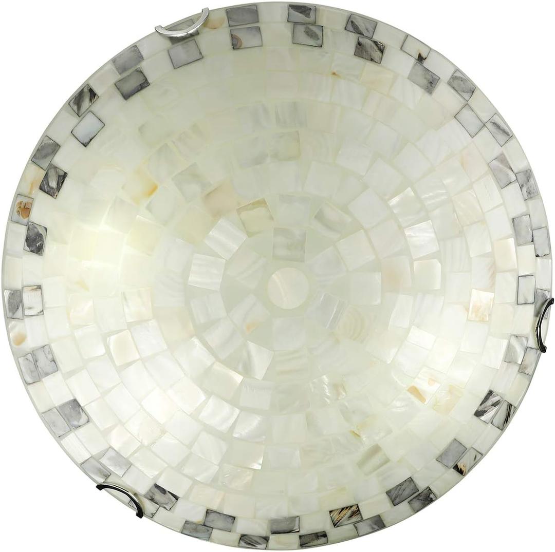 LITFAD 2 Bulbs Shell Shade Flush Mount Ceiling Lights Stain Glass Ceiling Lamp 1-Light Farmhouse Style Mosaic Pendant Light in Off-White for Bedroom Living Room Hotel Cafe