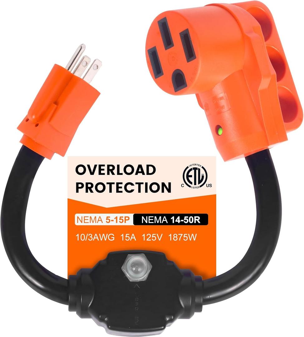 Overload Protector 50 Amp to 110 Volt RV Adapter with Circuit Breaker, 50 Amp to 15 Amp / 20 Amp Household Adapter/Not for EV, NEMA 5-15P to NEMA 14-50R Power Adapter with LED Power Indicator
