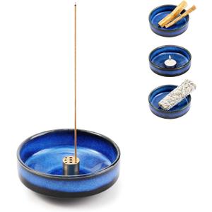 Blue Ceramic Incense Holder 4.5", 9-Hole Brass Base Multi-Functional Incense Burner & Tray, Fits Sticks/Sage/Palo Santo/Candles/Cones,for Meditation/Yoga/Energy Cleansing