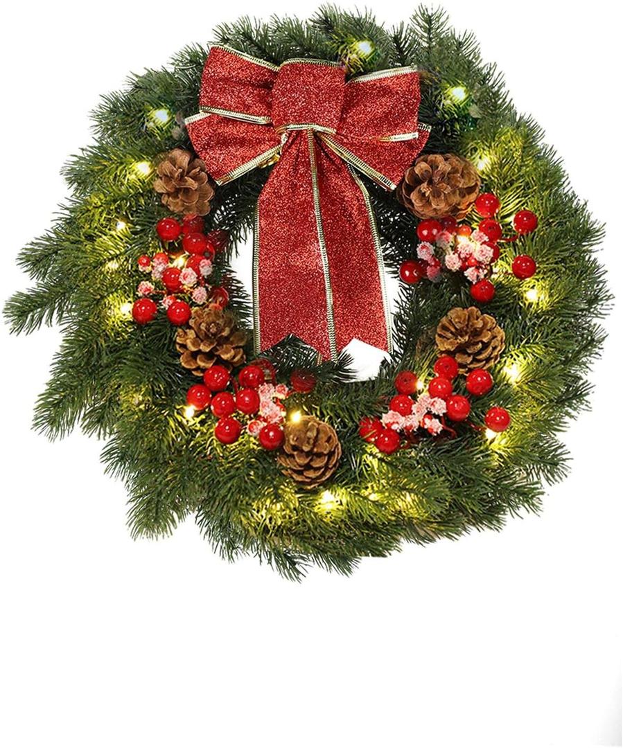 MorTime 16 Inches LED Christmas Wreath with Pinecones Red Berries, Red Bowknot Lighted Christmas Wreath with 40 LED Warm White Lights for Winter Holidays Home Decoration