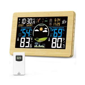 Zivron Weather Station Wireless Indoor Outdoor Thermometer, 7.5" VA Display with Remote Sensor, Home Weather Station with Weather Forecast, Temperature, Humidity, Atomic Clock, Wood