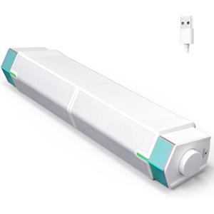 Jeecoo M20 Bluetooth Computer Speakers for PC Desktop Monitor, Gaming PC Sound Bar - Wired USB-Powered, Superb Stereo Sound, with LED Lighting, White